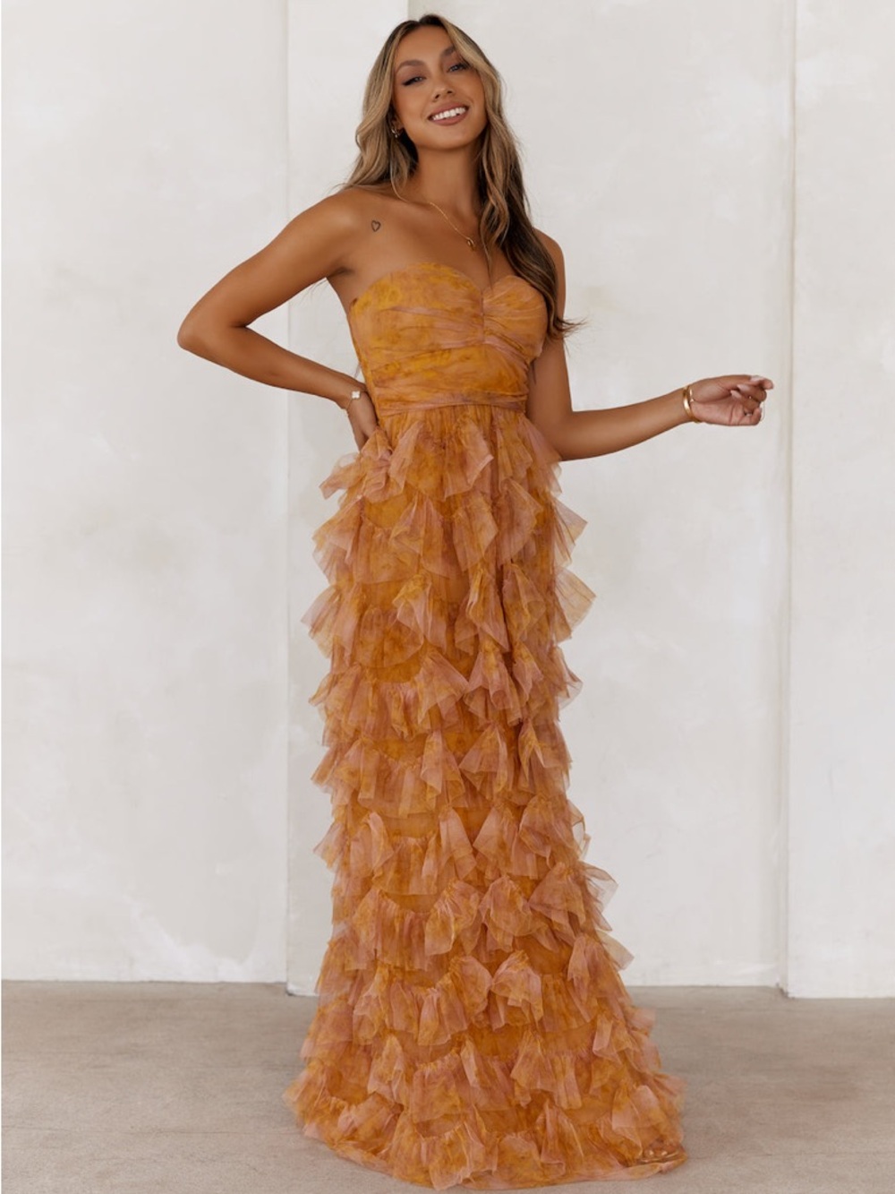 Hello Molly Festival Of You strapless tulle maxi dress mustard (worn 1x) - Picture 2 of 3